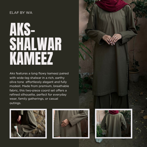 aks features a long flowy kameez paired with wide leg trousers in a rich, earthy olive tone — effortlessly elegant and fully modest.